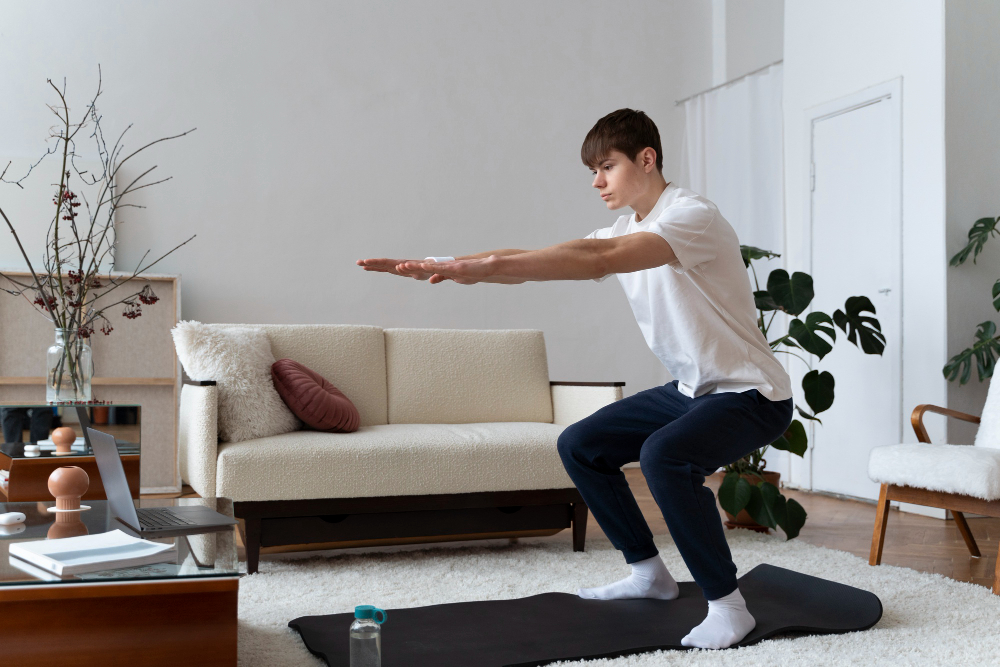 A Teen Doing Exercise At Home With Guide